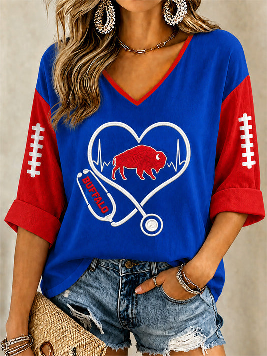 Women's Football Lover Buffalo Print Casual V-Neck Tee