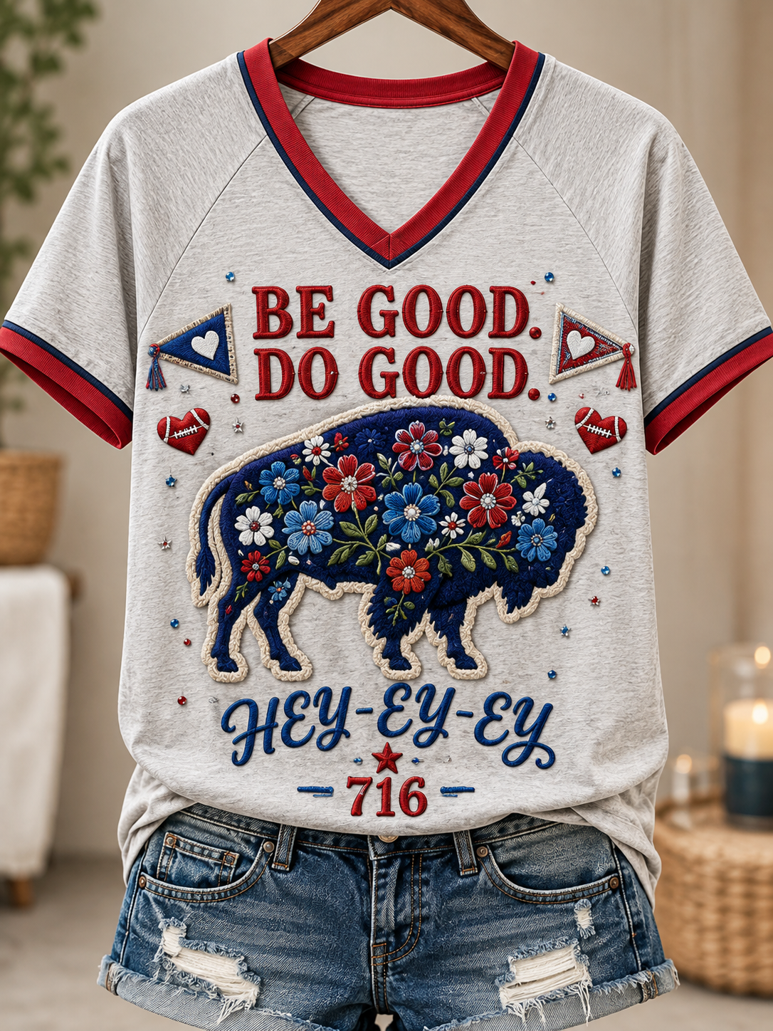 Women's Buffalo Bills V-Neck Off-Shoulder Short-Sleeved T-Shirt