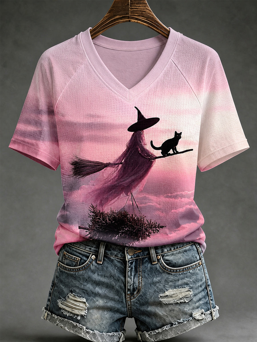 Women's Halloween Pink Witch And Black Cat Print V-Neck Tee