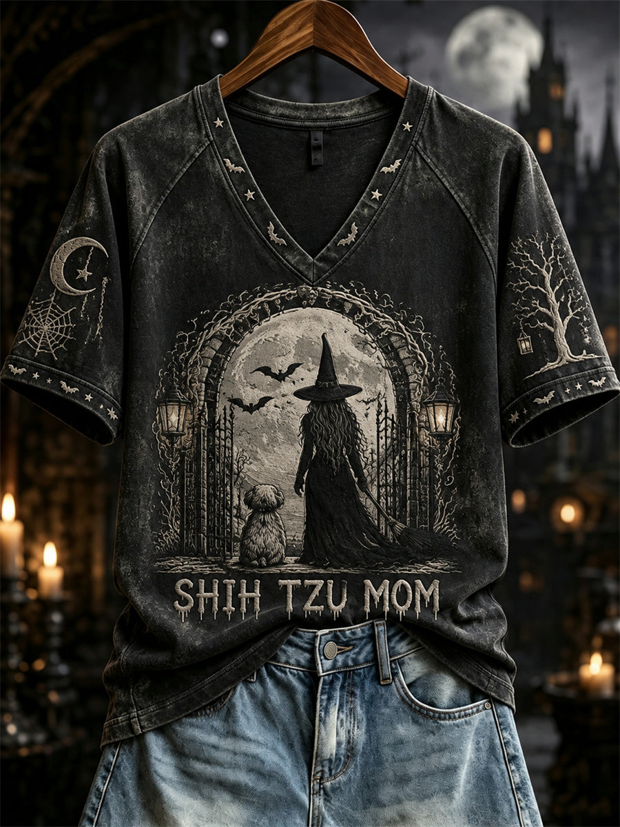 Women's Halloween Witch Shih Tzu Mom Print short-sleeved T-shirt