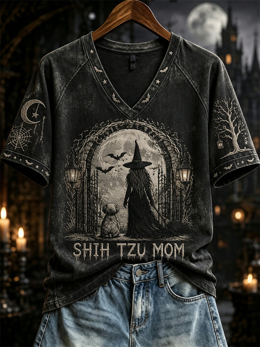 Women's Halloween Witch Shih Tzu Mom Print short-sleeved T-shirt