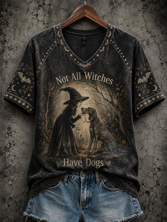 Women's Halloween Witch And Dog Pattern Printed Casual Short Sleeve T-Shirt
