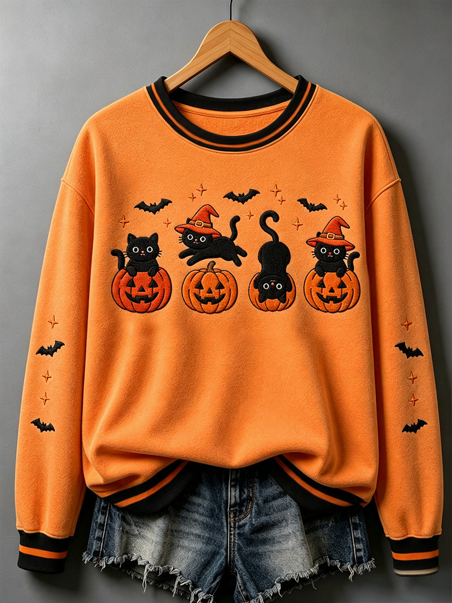 Women's Halloween Black Cat Pumpkin Print Sweatshirt