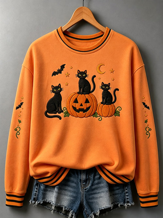 Women's Halloween Black Cat Pumpkin Print Sweatshirt