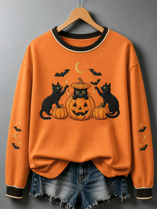 Women's Halloween Black Cat Pumpkin Print Sweatshirt