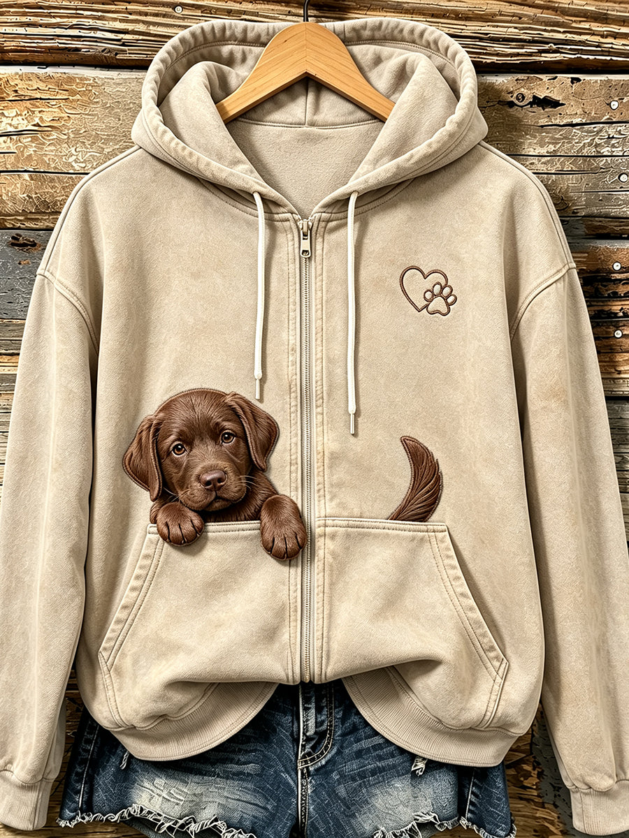 Women's Peeking Labrador Retriever & Paw Print Cozy Zip-Up Hoodie