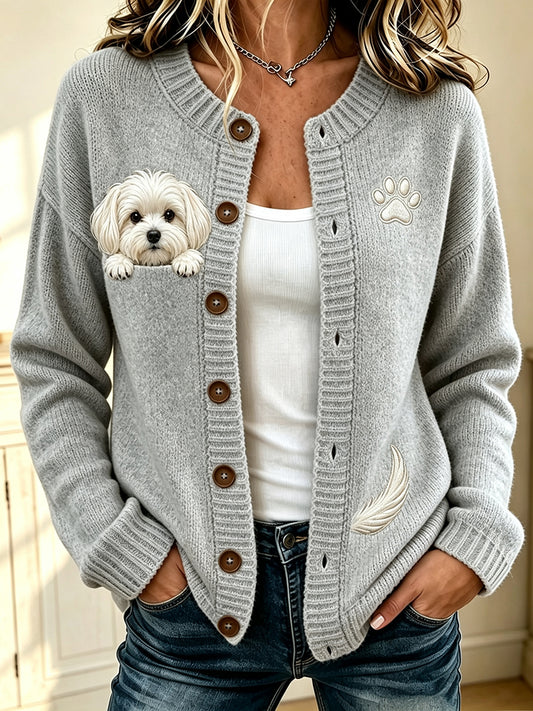 Women's Cute Peeking Maltese & Paw Print Cozy Cardigan