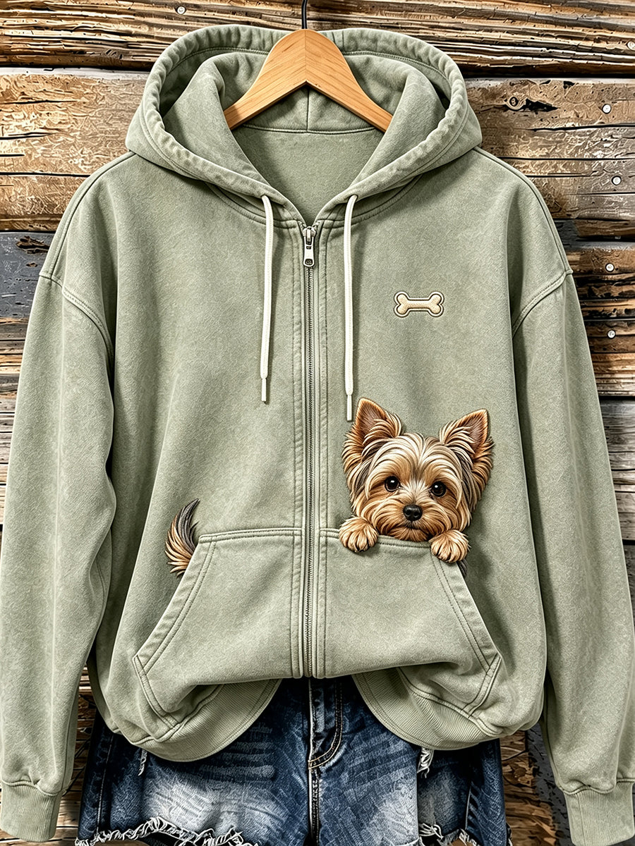 Women's Lovely Peeking Yorkshire Terrier & Paw Print Cozy Zip-Up Hoodie