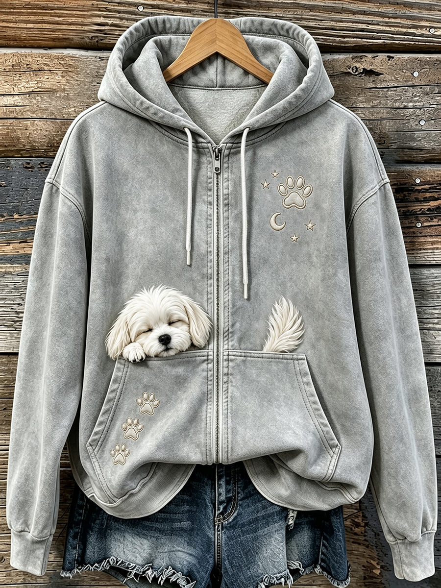 Women's Cute Sleeping Maltese & Paws Print Cozy Zip-Up Hoodie