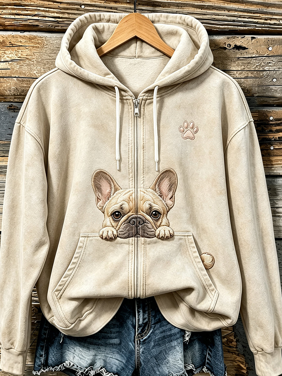 Women's Cute Peeking French Bulldog & Paw Print Cozy Zip-Up Hoodie