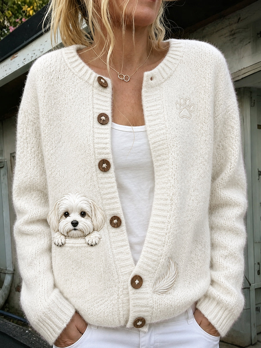 Women's Cute Peeking Maltese & Paw Print Cozy Cardigan
