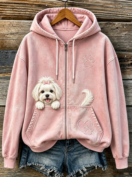 Women's Lovely Peeking Maltese & Paw Print Cozy Zip-Up Hoodie