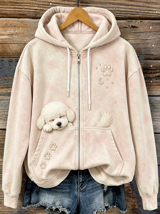 Women's Cute Sleeping Bichon Frise & Paws Print Cozy Zip-Up Hoodie
