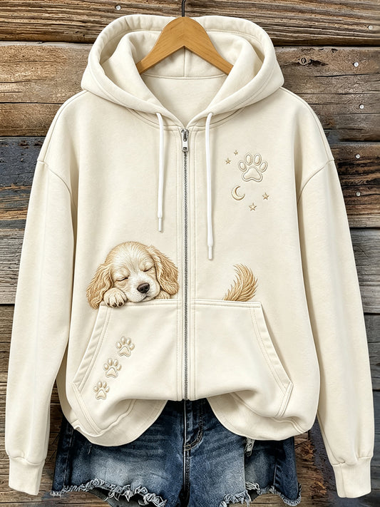 Women's Cute Sleeping Dog & Paws Print Cozy Zip-Up Hoodie