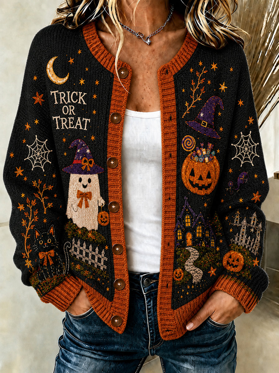 Women's Halloween Black Cat Witch Pumpkin Cardigan-Style Knit Jacket