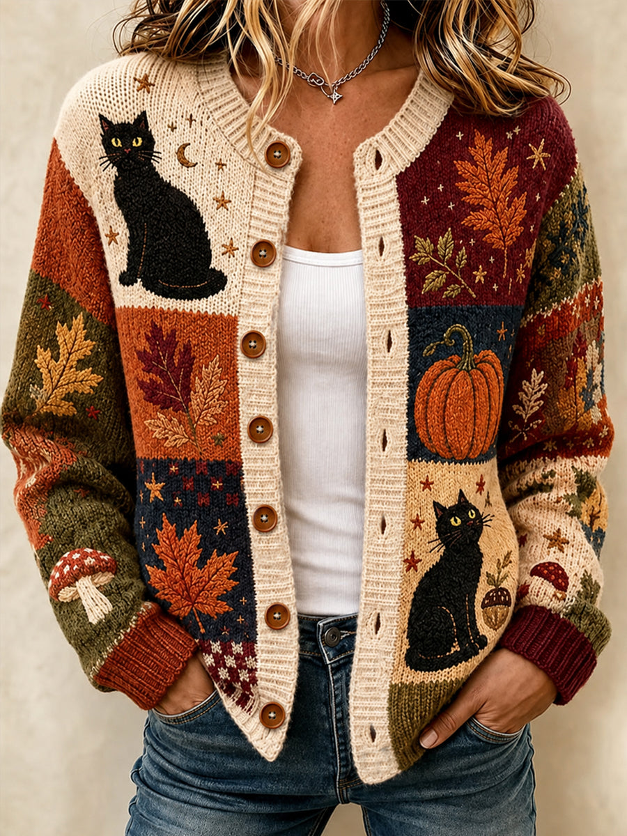 Women's Halloween Black Cat Pumpkin Cardigan-Style Knit Jacket