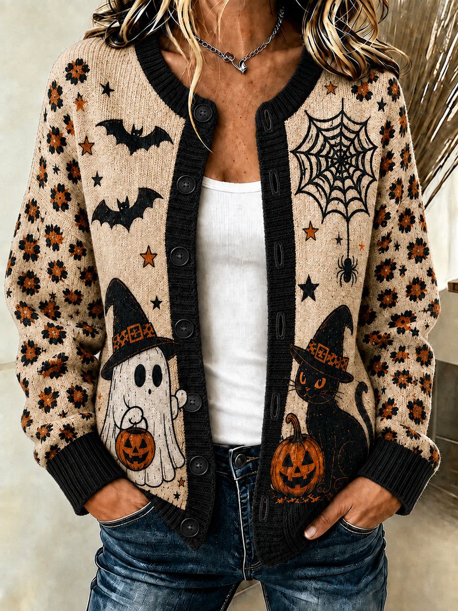 Women's Halloween Black Cat Witch Pumpkin Cardigan-Style Knit Jacket