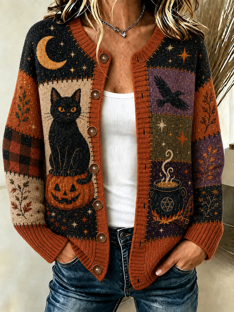 Women's Halloween Black Cat Witch Pumpkin Cardigan-Style Knit Jacket
