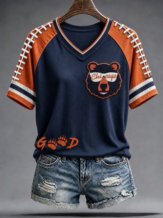 Women's Chicago Football Lover Bear Art Printed T-shirt