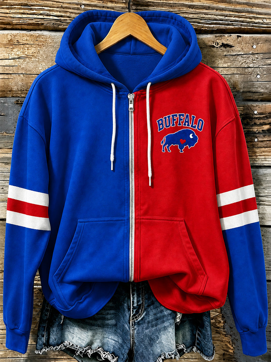 Women's Football Lover Buffalo Print Casual Zip-Up Hoodie
