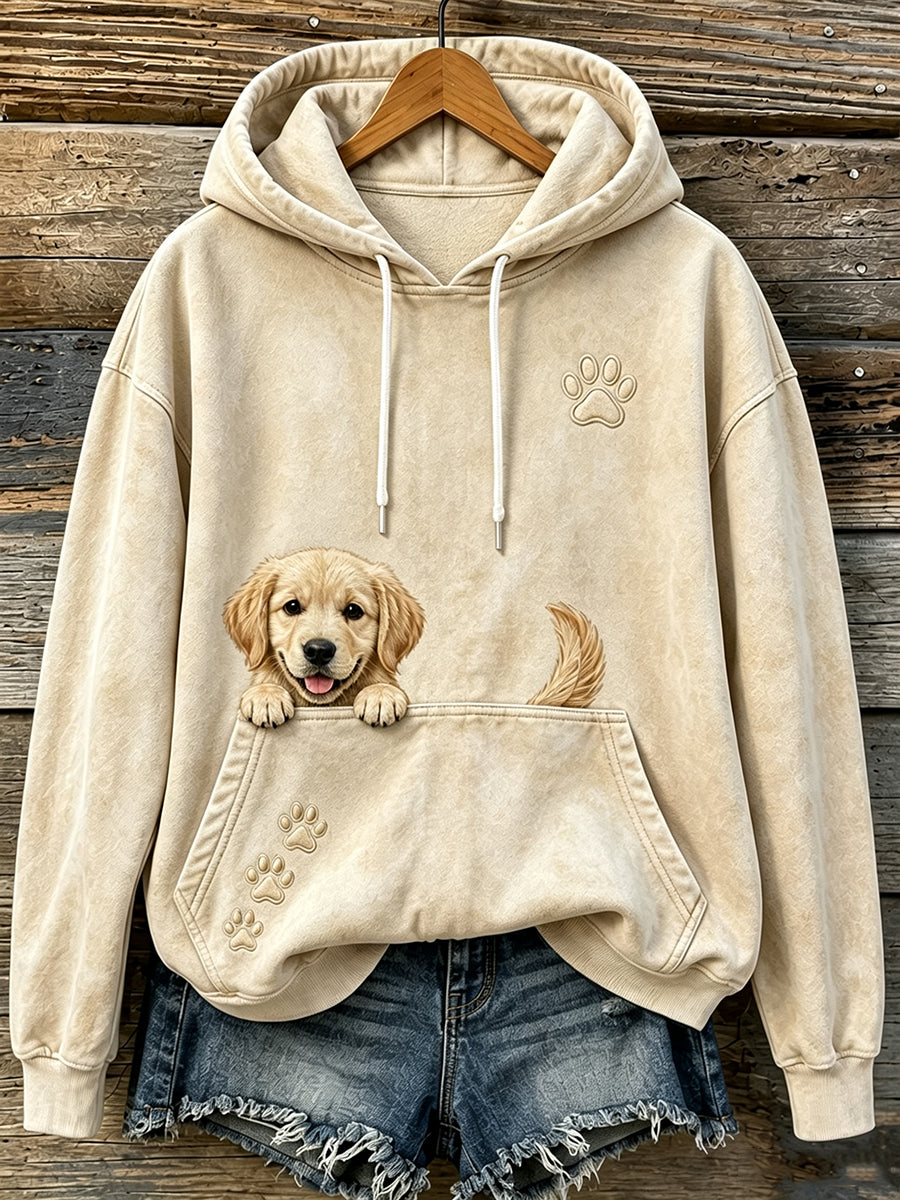 Women's Cute Peeking Golden Retriever & Paws Print Comfy Hoodie
