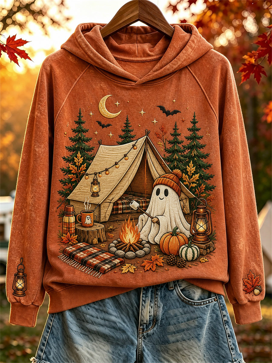 Women's Halloween Ghost Cozy Fall Camping Print Hoodie