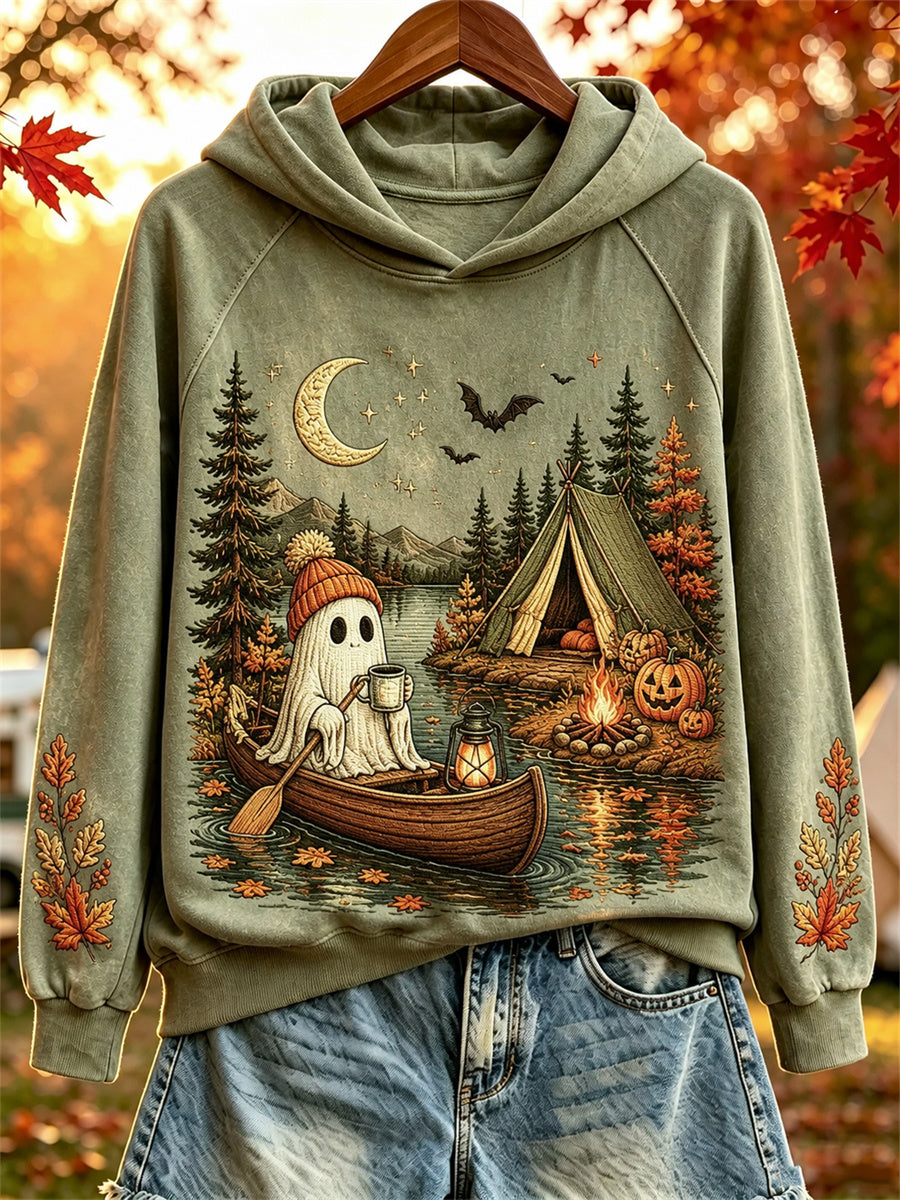 Women's Halloween Ghost Cozy Fall Camping Print Hoodie