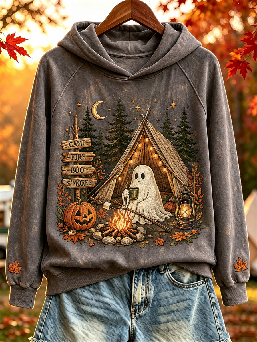Women's Halloween Ghost Cozy Fall Camping Print Hoodie