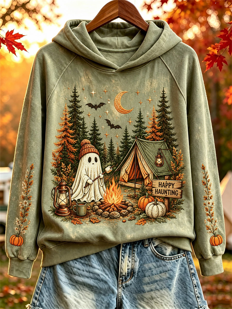 Women's Halloween Ghost Cozy Fall Camping Print Hoodie