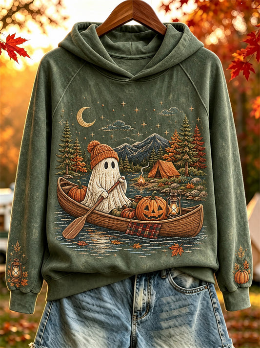 Women's Halloween Ghost Cozy Fall Camping Print Hoodie