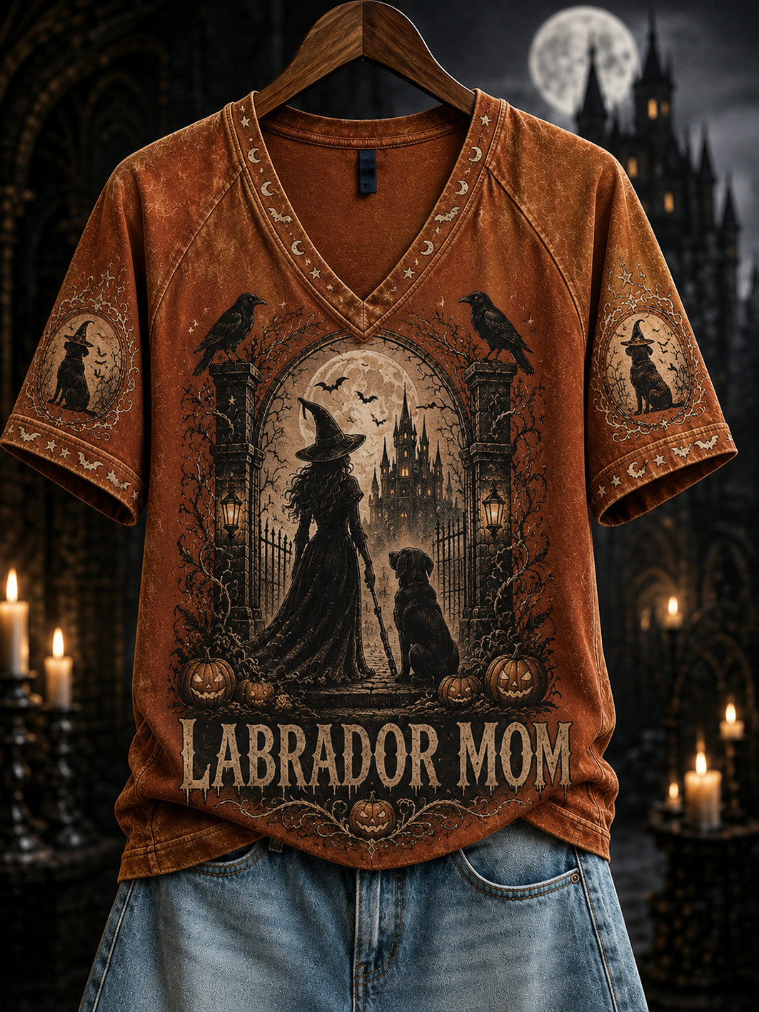Women's Halloween Witch And Dog Pattern Printed Casual Short Sleeve T-Shirt