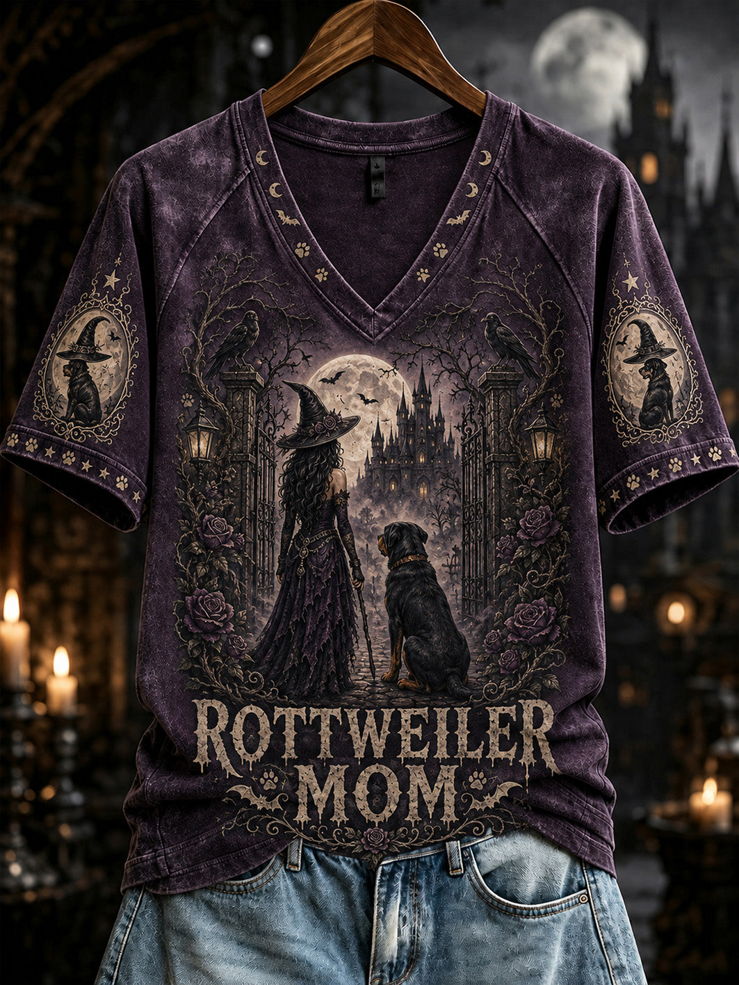 Women's Halloween Witch And Dog Pattern Printed Casual Short Sleeve T-Shirt