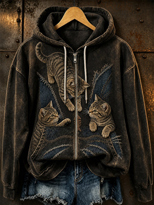 Retro Animal Print Casual Hooded Zip-Up Jacket