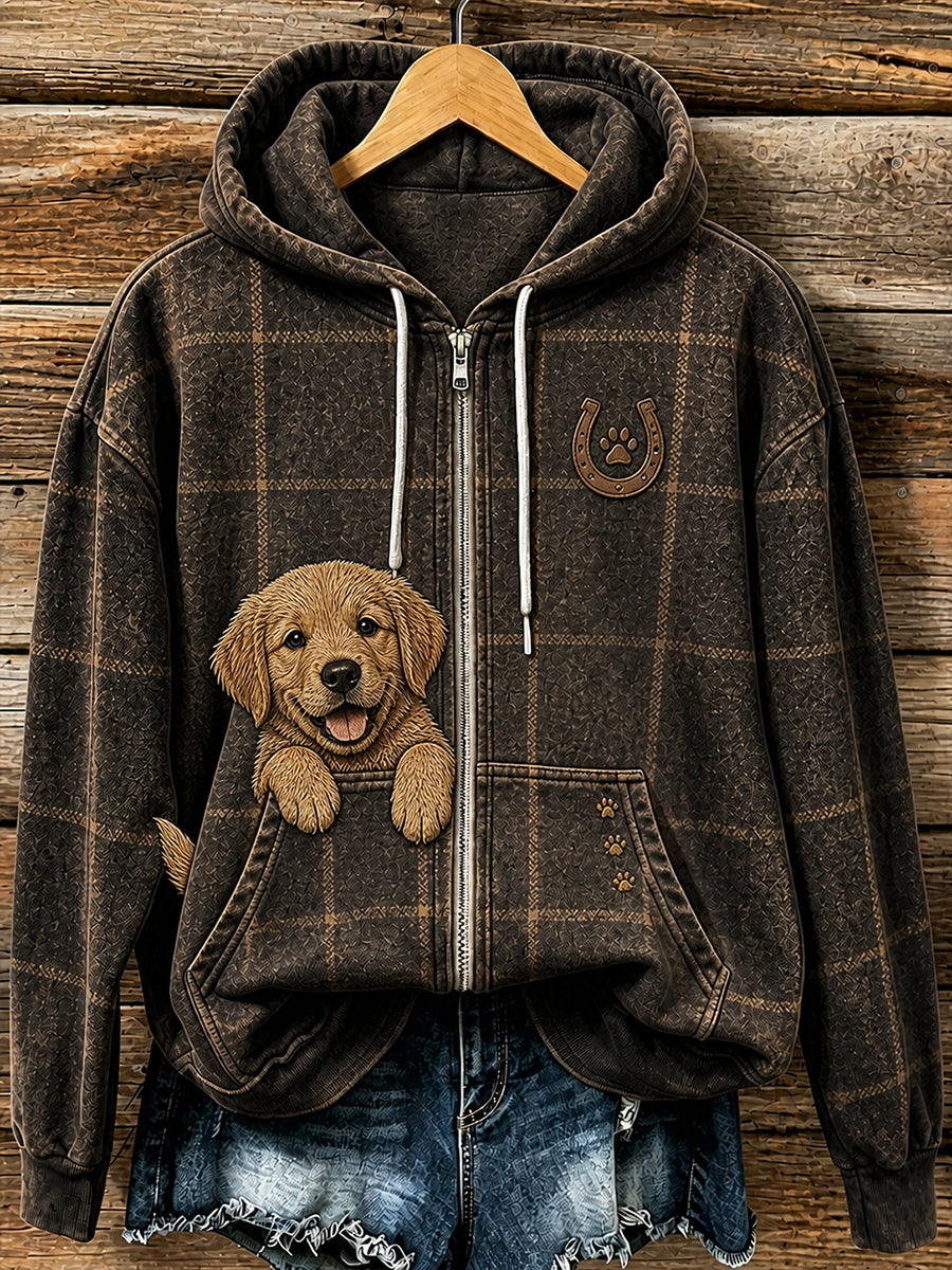 Retro Animal Print Casual Hooded Zip-Up Jacket