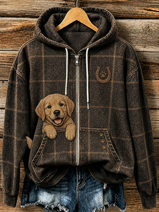Retro Animal Print Casual Hooded Zip-Up Jacket