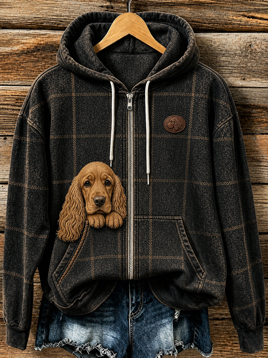 Retro Animal Print Casual Hooded Zip-Up Jacket