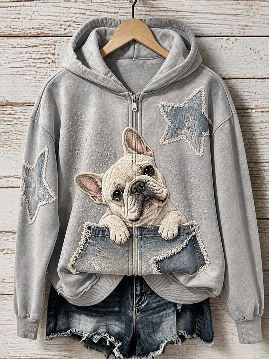 Retro Animal Print Casual Hooded Zip-Up Jacket