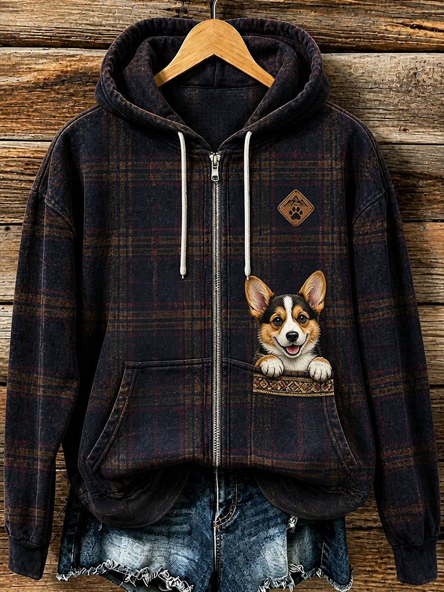 Retro Animal Print Casual Hooded Zip-Up Jacket