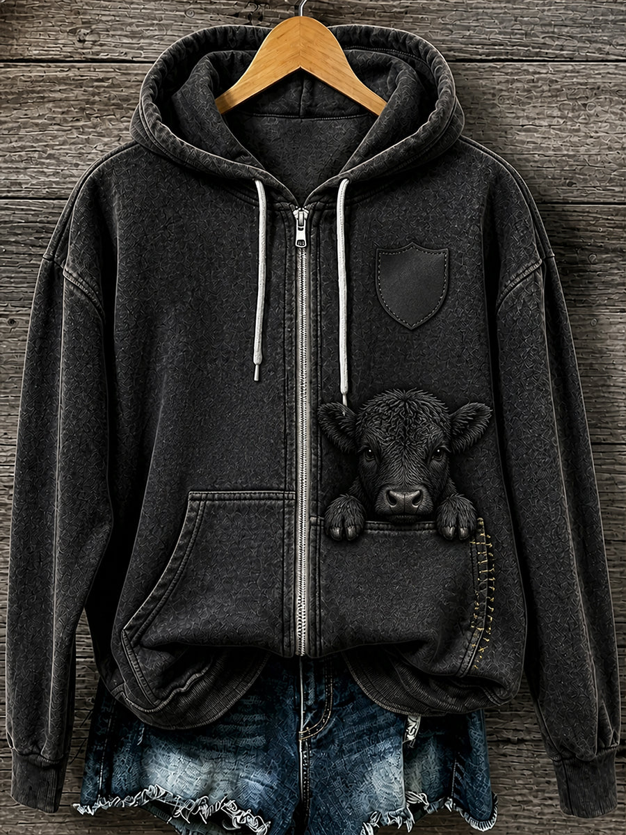 Retro Animal Print Casual Hooded Zip-Up Jacket