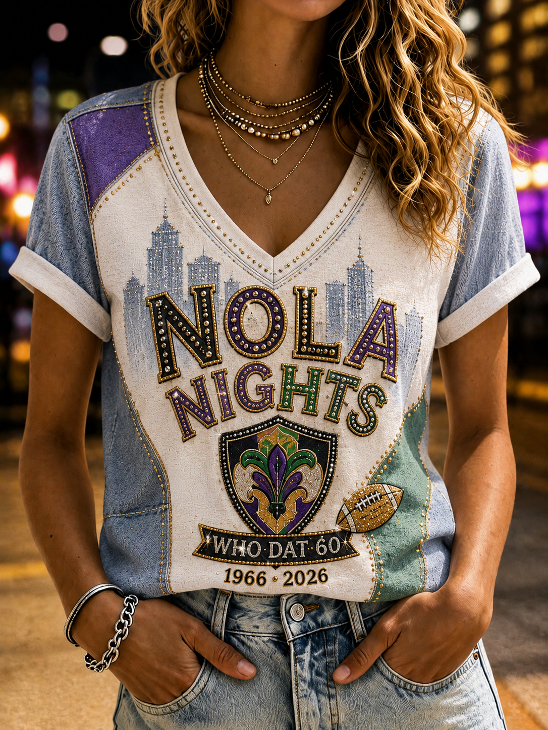 Women's New Orleans Saints V-Neck Off-Shoulder Short-Sleeved T-Shirt