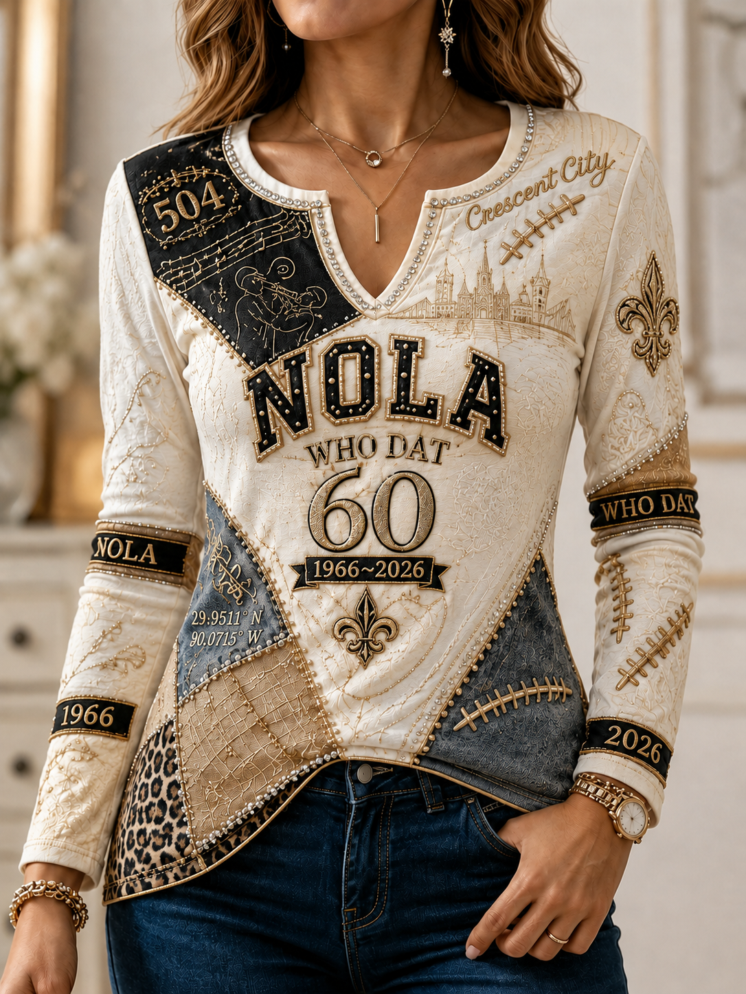 Women's New Orleans Saints Casual Patchwork V-Neck T-Shirt