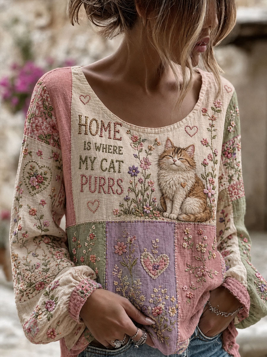 Women's Patchwork Cat Print Casual Long-Sleeved Top