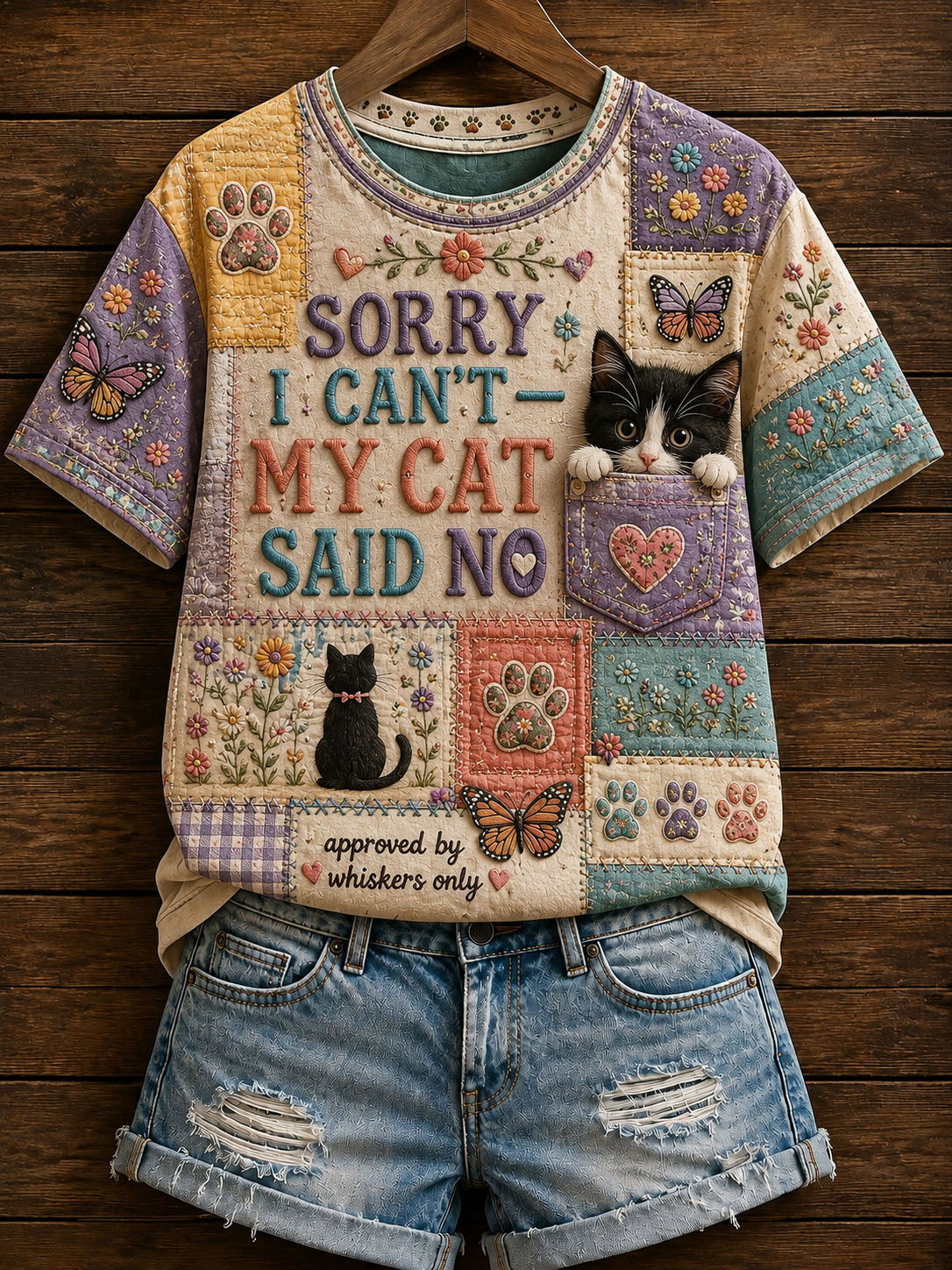 Women's Cute Patchwork Cat Print Casual T-Shirt