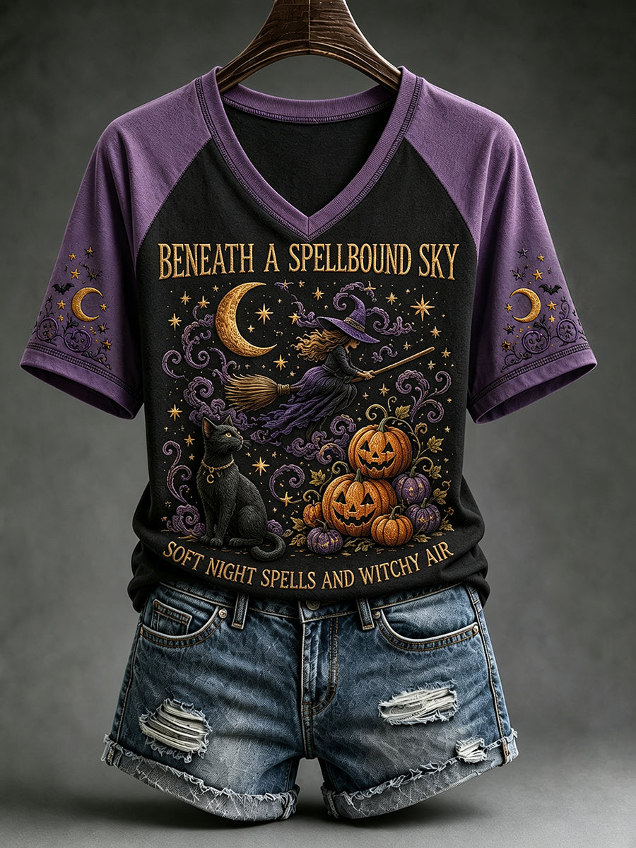 Women's Vintage Halloween Flying Witch Print V-neck Short-sleeved T-shirt