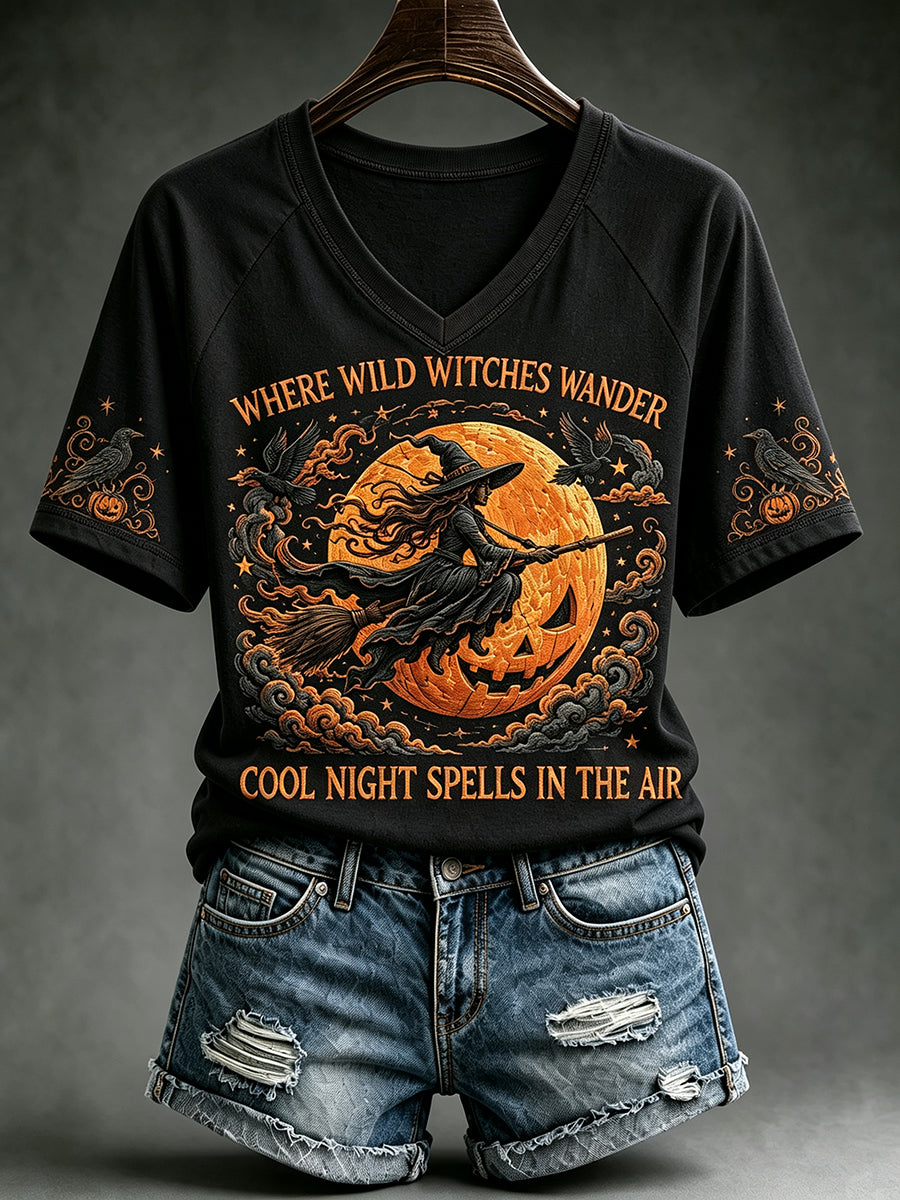 Women's Vintage Halloween Flying Witch Print V-neck Short-sleeved T-shirt