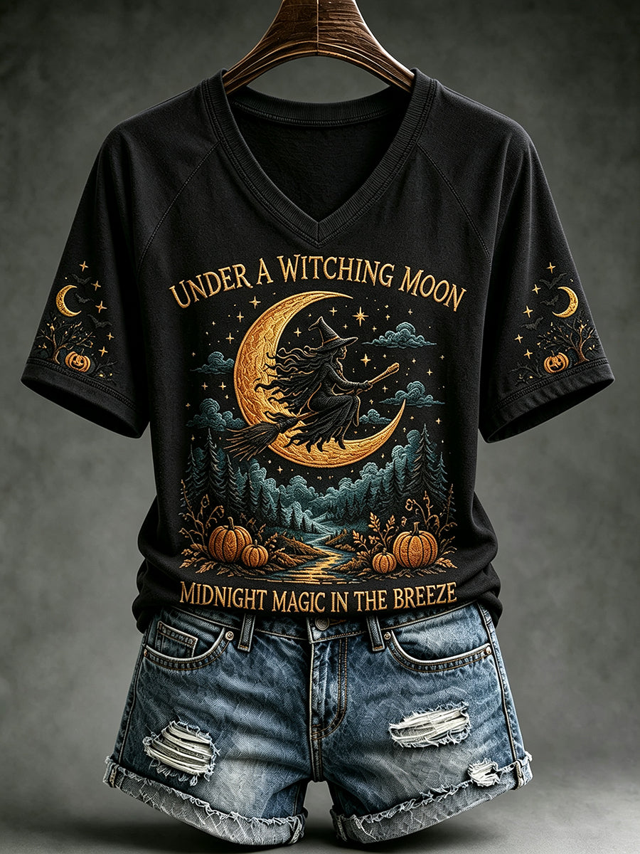 Women's Vintage Halloween Flying Witch Print V-neck Short-sleeved T-shirt