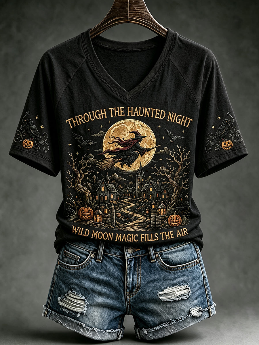 Women's Vintage Halloween Flying Witch Print V-neck Short-sleeved T-shirt