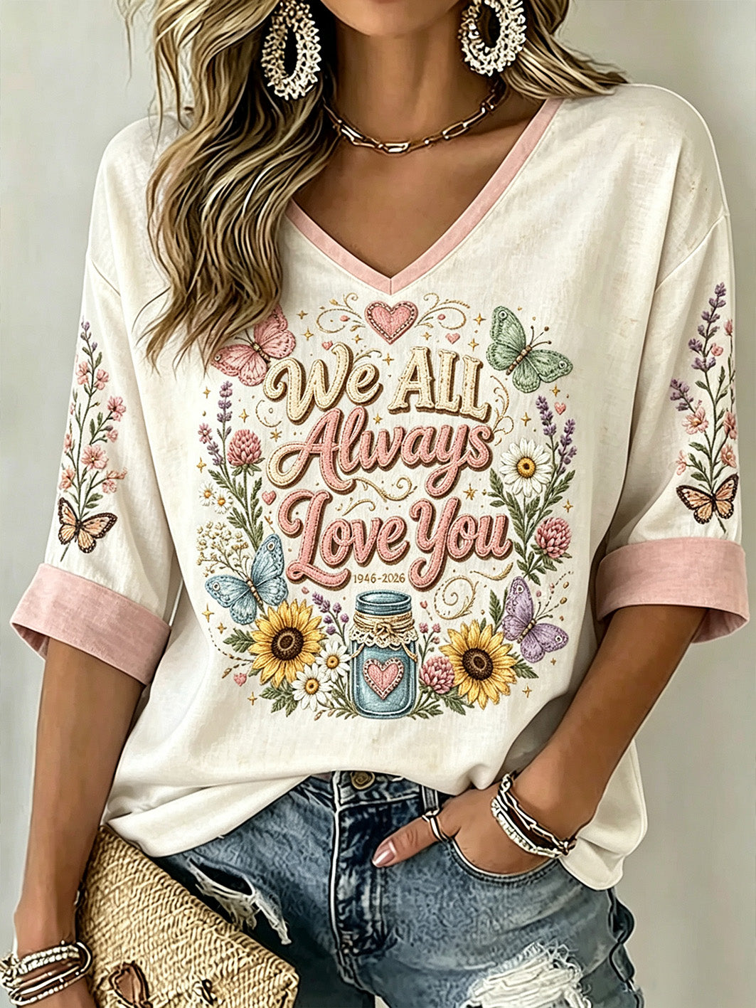 Women's Country Music Legend Tribute Casual Memorial Mid-length Sleeves V-Neck T-Shirt