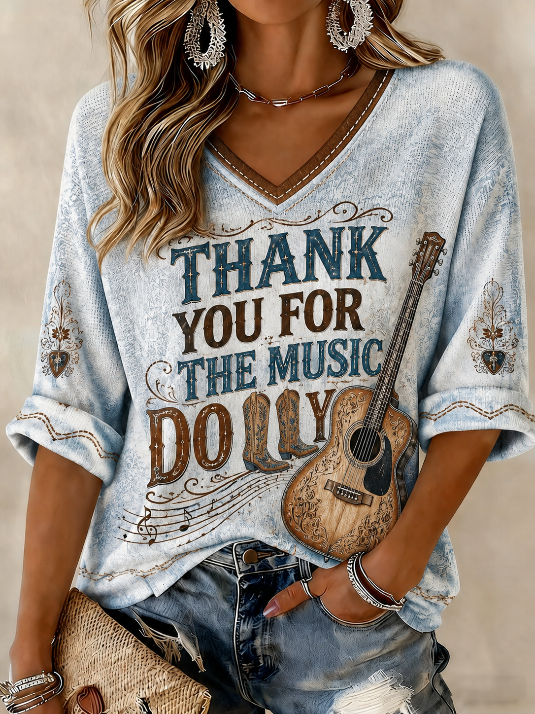 Women's THANK YOU FOR THE MUSIC Printed Mid-length Sleeves V-neck T-shirt