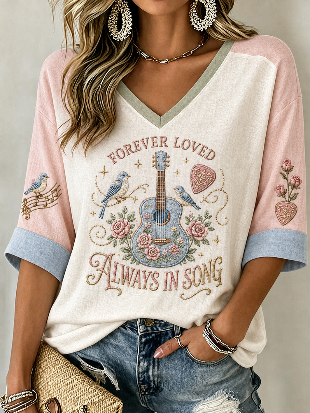 Women's Country Music Legend Tribute Casual Memorial Mid-length Sleeves V-Neck T-Shirt